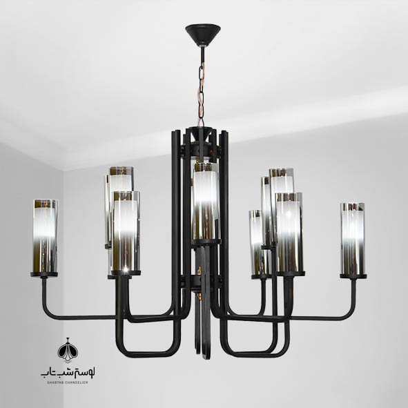 Modern pendant 8001/12 black with smoky tulip لوستر آویز مدرن شب تاب 8001/12 مشکی با لاله دودی