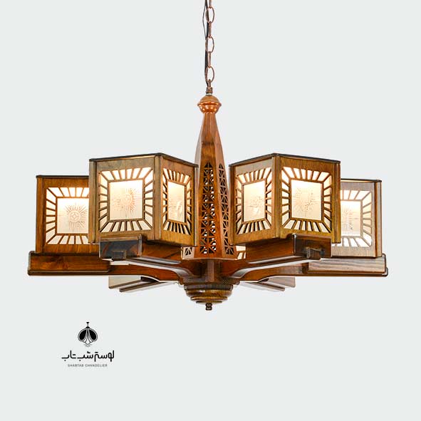 Saba 6-light wooden pendant chandelier, Darkar, code 295 لوستر آویز چوبی صبا 6 شعله دارکار کد295