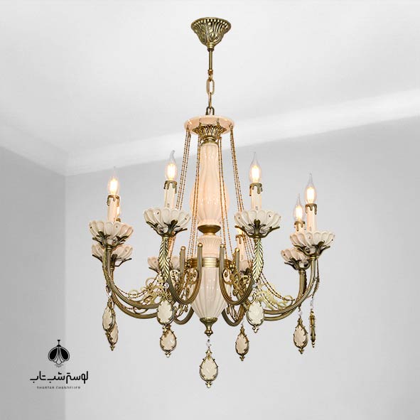 Noursazan Ceramic Pendant Chandelier 8021/8 لوستر آویز 8 شعله سرامیکی نورسازان 8021/8 آنتیک با آویز