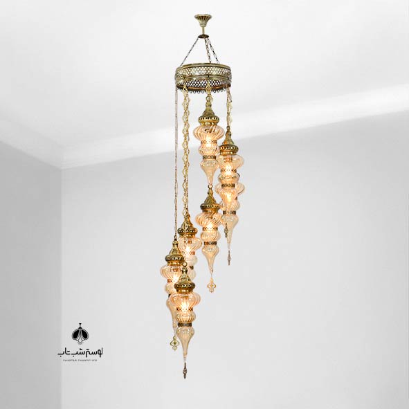 Moroccan chandelier 7 lights 7H honey bubble two straps لوستر آویز مراکشی 7 شعله 7H حباب عسلی دو تسمه