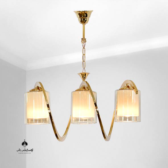 Modern 3-flame gold spring chandelier with bubble لوستر آویز مدرن فنری 3 شعله شب تاب طلایی با حباب
