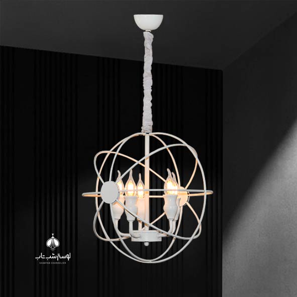 Modern white wire globe pendant chandelier, 5 lights, e14, code 1248 لوستر آویز مدرن کره مفتولی سفید 5 شعله e14 کد 1248