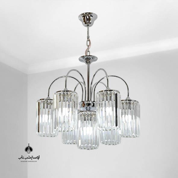 Noursazan 6-arm, 7-light chrome pendant chandelier (downward-facing) – Model 876/6 لوستر آویز 6 شاخه 7 شعله 876/6 نورسازان سرپایین کروم