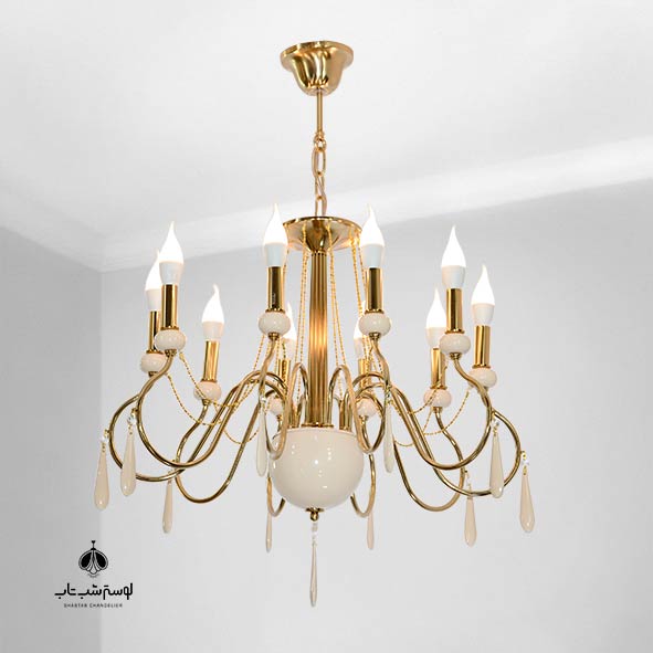 Noursazan 10-Light Pendant Chandelier (Model 8039/10) – Indian-Style Fortik Finish with Under-Sphere Detail لوستر آویز 10 شعله 8039/10 نورسازان زیر توپی فورتیک هندی